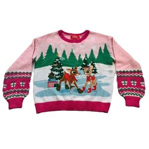 Girls Rudolph Red Nosed Reindeer Clarice Soft Fuzzy Pink Holiday Sweater 14/16